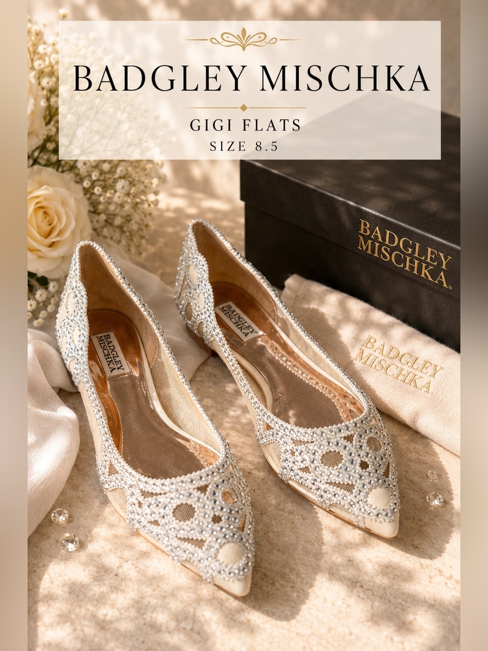 Badgley Mischka Gigi Crystal Embellished Mesh Flats Ivory Size 8.5